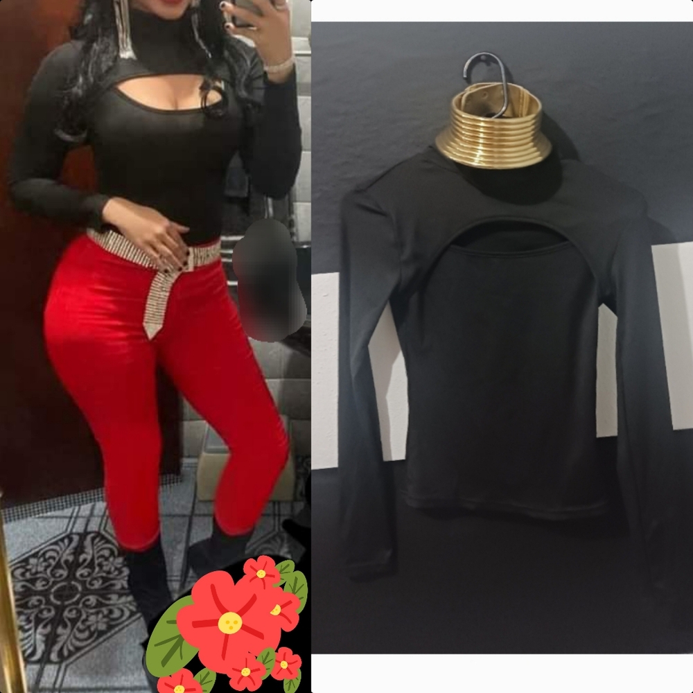 Women black cut Out scoop round long  sleeve turtleneck top